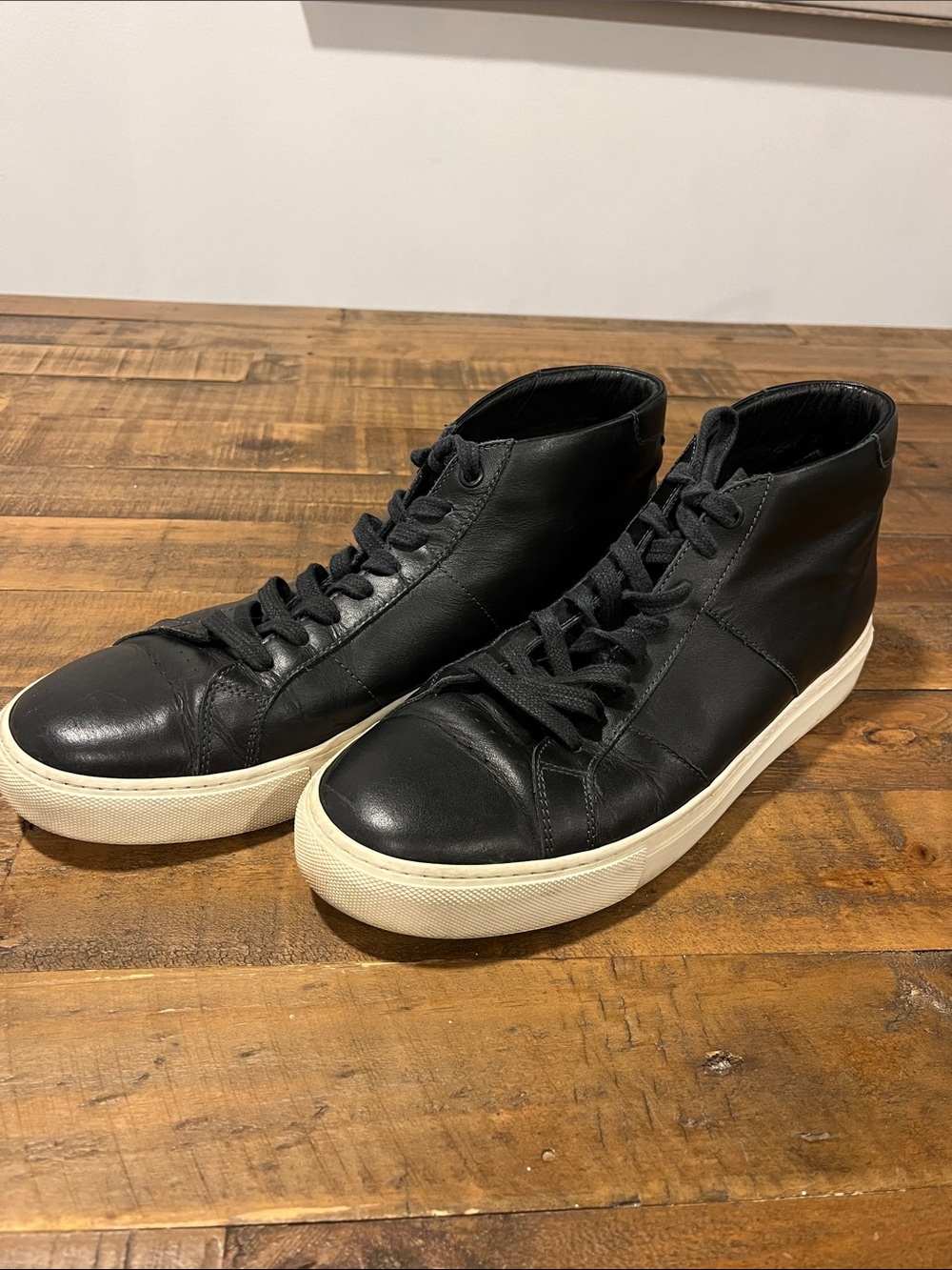 Men’s Hey Dude GREATS Brooklyn Black Leather High-Top Sneakers with White Sole